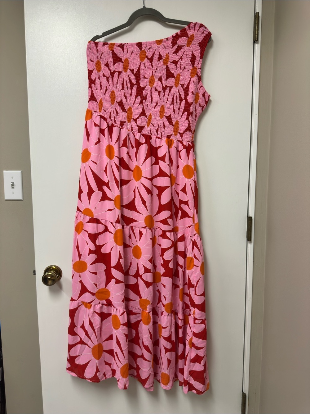One-Shoulder Pink and Red Daisy Print Dress with Orange Accents
